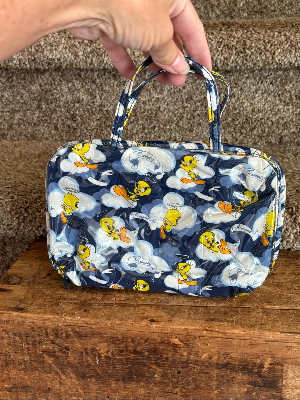 Tweety Bird Printed Handle Cosmetic Bag - Navy Yellow